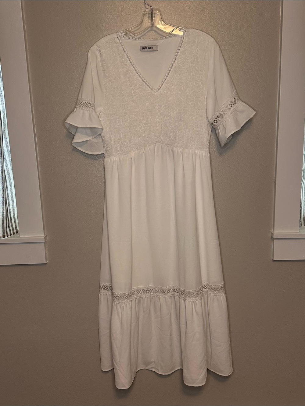 Grace Karin White Smocked Midi Dress with Lace Trim